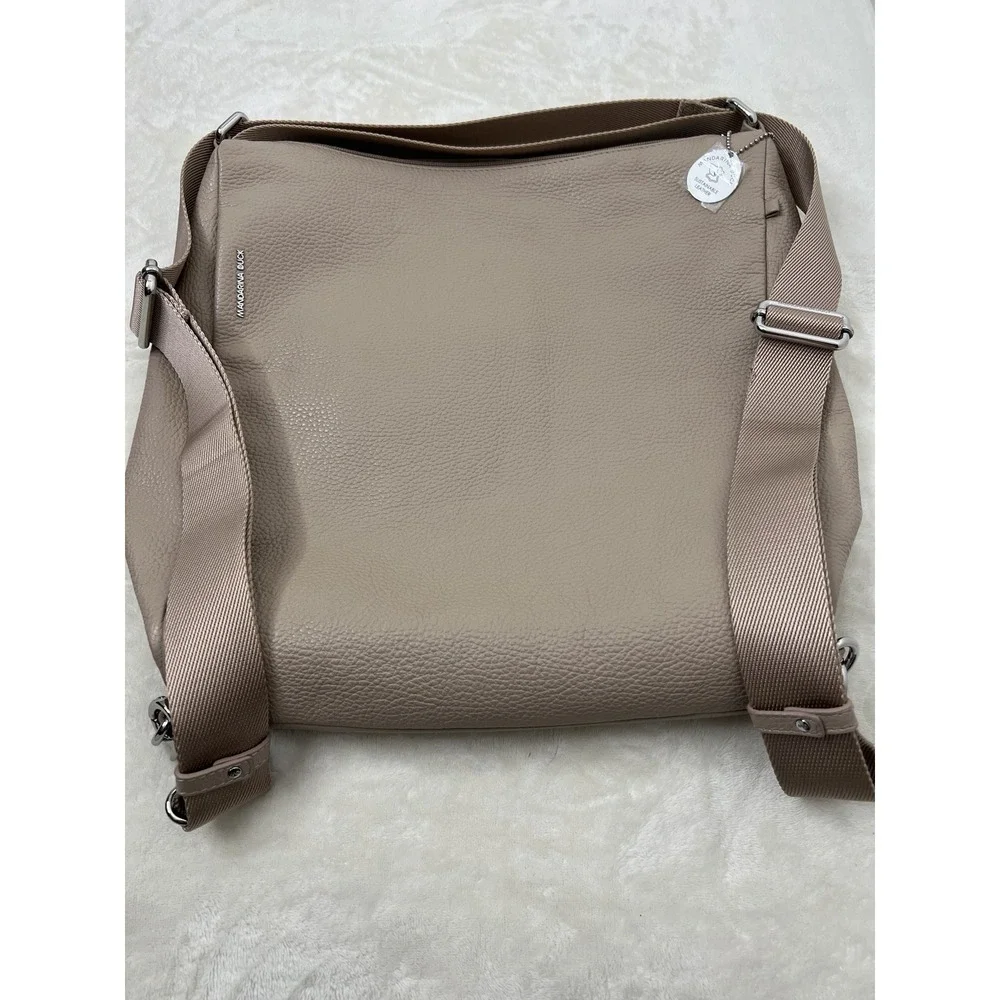 Mandarina Duck Leather Hobo Shoulder Bag Taupe Jacquard Strap Backpack Tote NEW!
